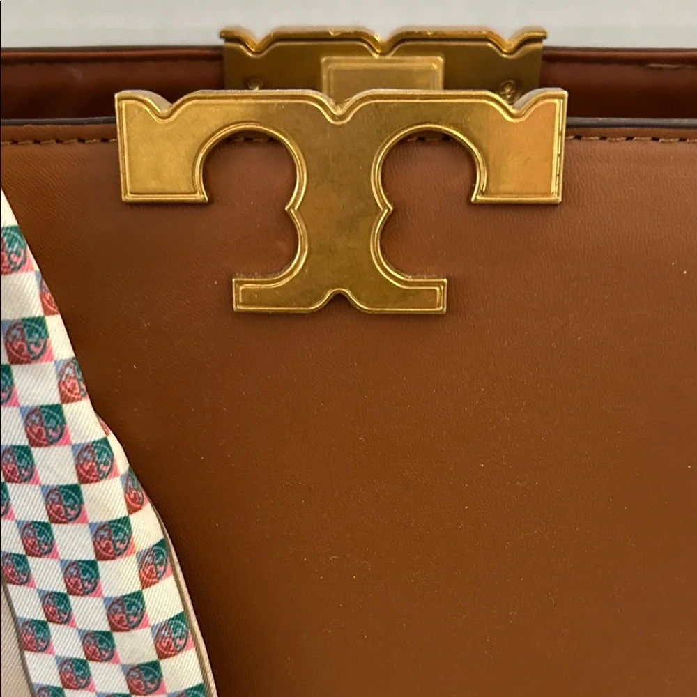 Tory Burch $700 Tan Eleanor Spazoletto Satchel with Gold Logo and Ribbon